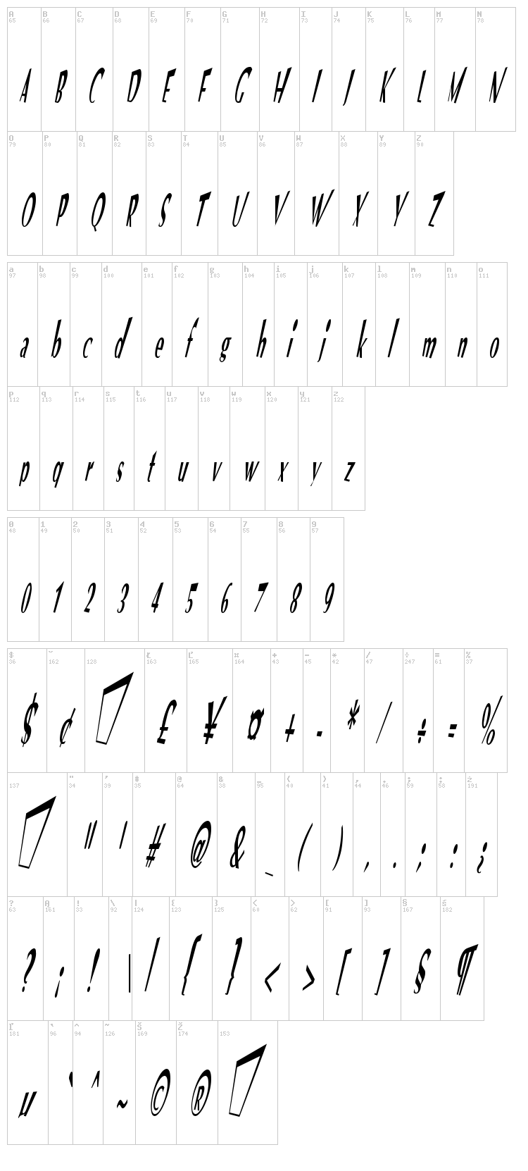 VTC Optika font map